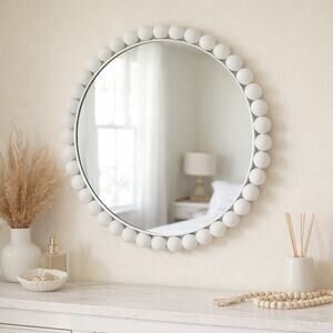 Round White Distressed Beaded Wall Mirror 23.5” Heavy Decorative Vanity Accent